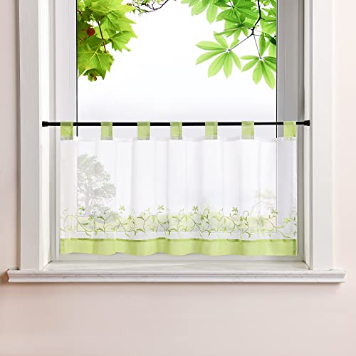 HeichkelL Voile Scheibengardine Ranken Stickerei Kurzstores mit farblichen Schlaufen Küchengardine Fenstervorhang Bestickt Grün HöhexBreite 30x90 cm von HeichkelL