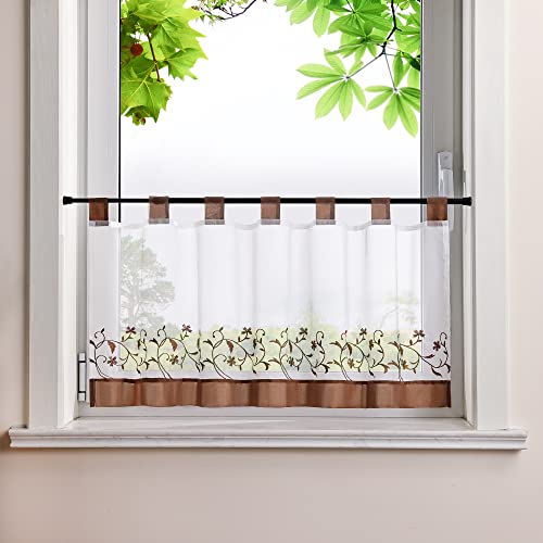 HeichkelL Voile Scheibengardine Ranken Stickerei Kurzstores mit farblichen Schlaufen Küchengardine Fenstervorhang Bestickt Kaffee HöhexBreite 45x140 cm von HeichkelL