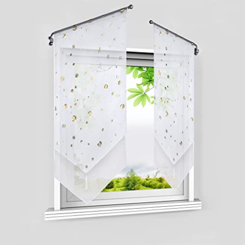 HeichkelL Voile Scheibengardine mit Goldenen Kreisen Bistrogardinen 2er Set Panneaux Doppelschicht Kurzstore Modern Küchenvorhang mit Quaste Gold BxH 60x120 cm 2 Stück von HeichkelL