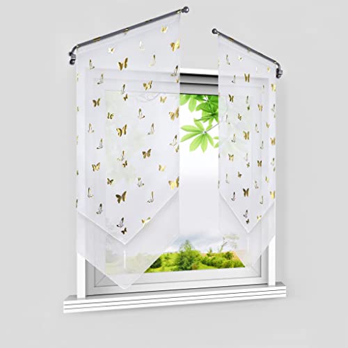 HeichkelL Voile Scheibengardine mit Goldener Schmetterling Bistrogardinen 2er Set Panneaux Doppelschicht Kurzstore Modern Küchenvorhang mit Quaste Gold BxH 60x120 cm 2 Stück von HeichkelL