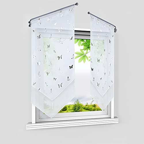 HeichkelL Voile Scheibengardine mit Silberner Schmetterling Bistrogardinen 2er Set Panneaux Doppelschicht Kurzstore Modern Küchenvorhang mit Quaste Weiß BxH 60x90 cm 2 Stück von HeichkelL