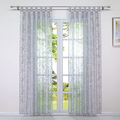 HeichkelL Voile Transparente Gardine mit Schlaufen Vorhang Blumen-Muster Modern Schlaufen Gardinenstore für Wohnzimmer 1 Stück Grau BxH 140x145cm von HeichkelL