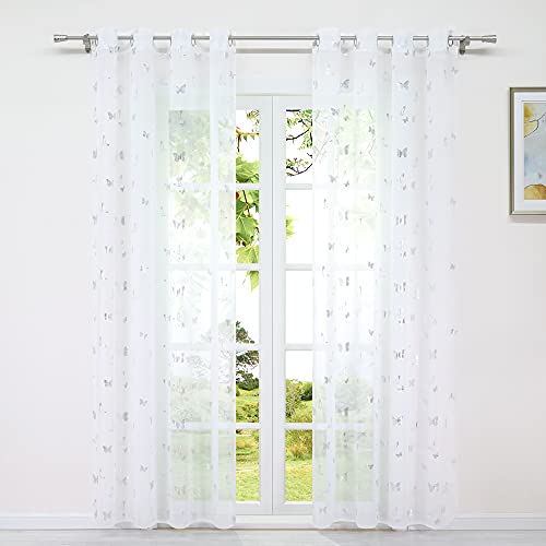 HeichkelL Voile Vorhang mit Ösen Transparent Gardine Modern Silberglänzende Schmetterlinge 1 Stück Fensterstores Luftiger Dekoschal für Wohnzimmer BxH 140x245 cm von HeichkelL