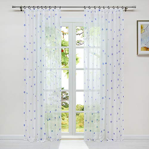 HeichkelL Vorhang Voile Sterne Druck Transparent Gardine mit Kräuselband 1 Stück Dekoschal Fensterstore für Kinderzimmer Wohnzimmer BxH 140x225cm Weiß-Blau von HeichkelL