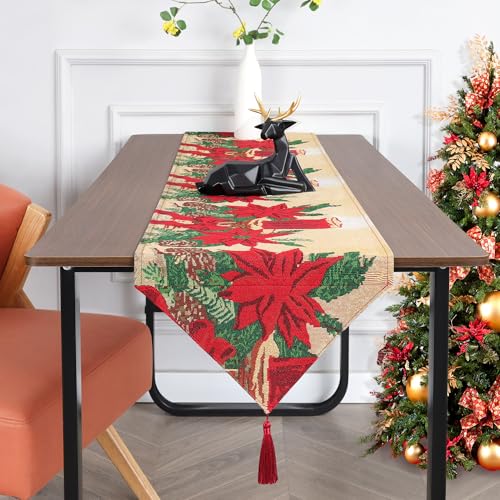 Heichkell Weihnachten Tischläufer Garngefärbter Jacquard Abwaschbar Tischläufer Weihnachts Tischdeko Rot Küche Tisch Dekoration Weihnachtsblumen #2 35 x 140 cm von HeichkelL