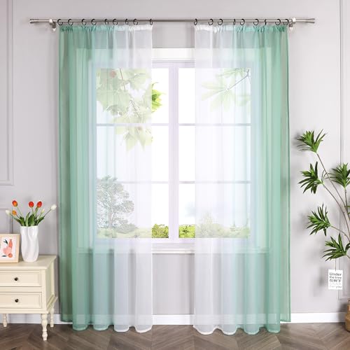 HeichkelL 2er-Set Voile Gardinen mit Kräuselband Farbverlauf Vorhänge Transparente Gardinenschals Verlaufenfarbige Fensterstores für Wohnzimmer Grün BxH 140x145cm 2 Stück von HeichkelL