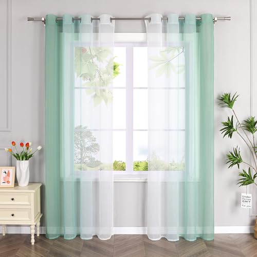 HeichkelL 2er-Set Voile Gardinen mit Ösen Farbverlauf Vorhänge Transparente Ösen Gardinenschals Verlaufenfarbige Fensterstores Grün BxH 140x225cm 2 Stück von HeichkelL