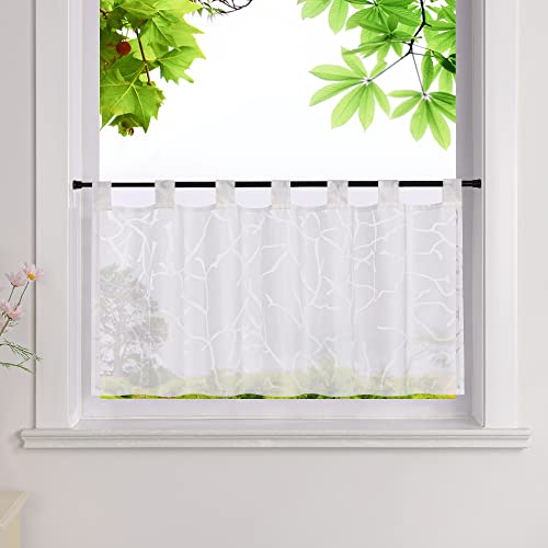 HeichkelL Ausbrenner Scheibengardine Kurzstores Transparent Schlaufen Küche Gardine Zweigemuster HxB 60x140cm Weiß von HeichkelL