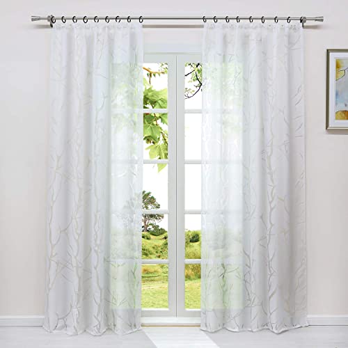 HeichkelL Gardine mit Kräuselband Ausbrenner Vorhang Transparent 1 Stück Modern Fenster Dekoschals für Wohnzimmer Baumäste Muster Weiß BxH 140x145 cm von HeichkelL