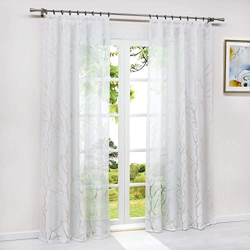 HeichkelL Gardine mit Kräuselband Ausbrenner Vorhang Transparent 1 Stück Modern Fenster Dekoschals für Wohnzimmer Baumäste Muster Weiß BxH 140x225 cm von HeichkelL