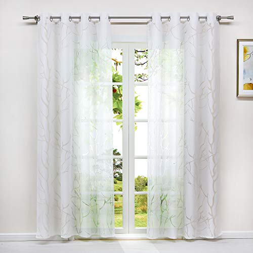 HeichkelL Gardine mit Ösen aus Voile Transparente Ausbrenner Vorhang 1 Stück Modern Ösenschal Fensterschal in Baumäste Muster Weiß BxH 140x175 cm von HeichkelL