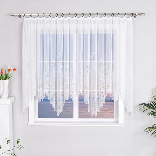 HeichkelL Jacquard Bogen Vorhang Transparente Gardine Spitze Bandschal Store Kräuselband Dekoschal Weiß HöhexBreite 145x300cm Blumenmuster #1 von HeichkelL