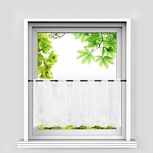 HeichkelL Scheibengardine Blumenmuster Bistrogardine Landhausstil Transparente Küchenvorhänge Kurzgardine Leinenoptik Stangendurchzug Weiß BxH 120x60 cm von HeichkelL