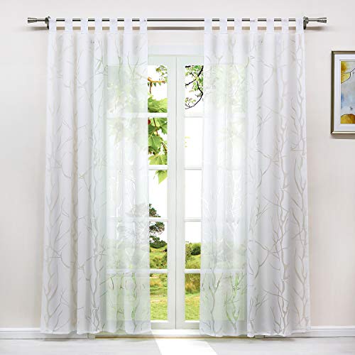 Heichkell Voile Raffgardine mit V-Schlaufen Ausbrenner Zweige-Muster Raffrollos Transparenter Schlaufenschal Wei/ß BxH 100x140 cm