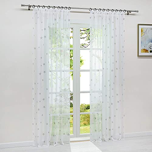 HeichkelL Vorhang Voile Sterne Druck Transparent Gardine mit Kräuselband 1 Stück Dekoschal Fensterstore für Kinderzimmer Wohnzimmer BxH 140x225cm Weiß-Grau von HeichkelL