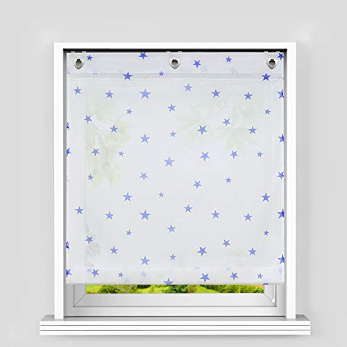 Heichkell Voile Ösen Raffrollo Sterne Muster Transparente Raffgardine mit Haken Feltenrollo ohne Bohren Kinderzimmer Vorhang BxH 100x140cm Weiß-Blau von HeichkelL