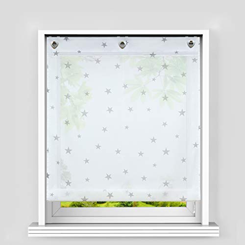 Heichkell Voile Ösen Raffrollo Sterne Muster Transparente Raffgardine mit Haken Feltenrollo ohne Bohren Kinderzimmer Vorhang BxH 120x140cm Weiß-Grau von HeichkelL