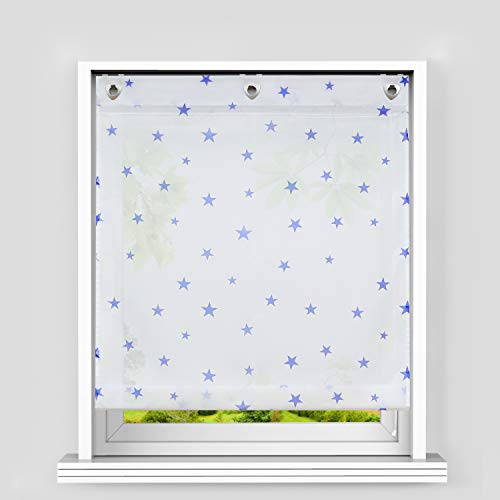 Heichkell Voile Ösen Raffrollo Sterne Muster Transparente Raffgardine mit Haken Feltenrollo ohne Bohren Kinderzimmer Vorhang BxH 80x140cm Weiß-Blau von HeichkelL