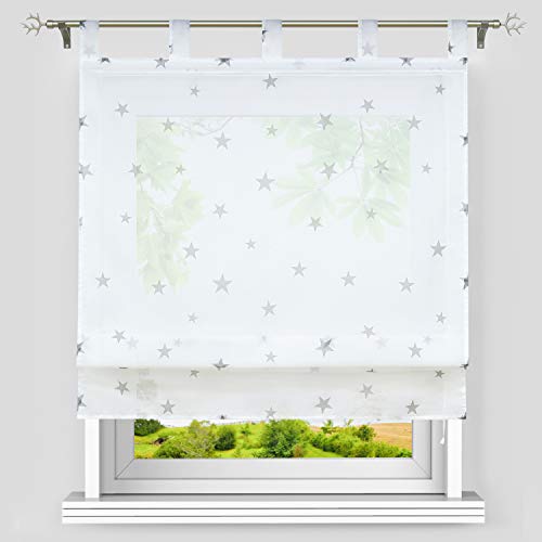 Heichkell Voile Raffrollo Sterne Muster Transparente Raffgardine mit Schlaufen Sterne Schlaufenrollo Kinderzimmer Vorhang BxH 120x140cm Weiß-Grau von HeichkelL