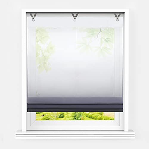 Heichkell Voile Raffrollo ohne Bohren Transparent Raffgardine mit Ösen Farbverlauf Fenstergardine Hakenaufhängung Modern Ösenrollo Vorhänge Schwarz BxH 80x130cm von HeichkelL