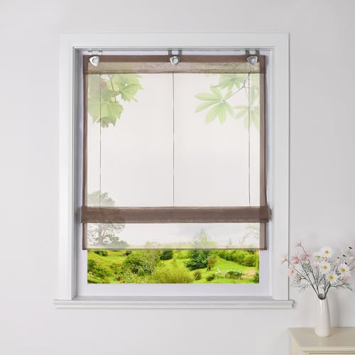 Heichkell Voile Raffrollo ohne Bohren Transparente Raffgardine mit U-Haken Unifarbiges modernes Ösenrollo Hellbraun H*B 130 * 80cm von HeichkelL