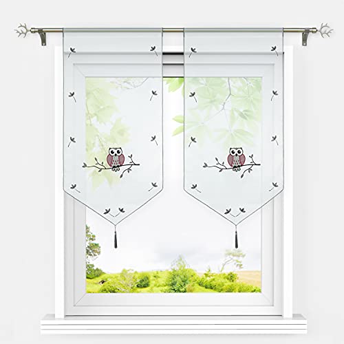 HeichkelL Voile Scheibengardinen Eule Muster Transparente Bestickte Bistrogardine mit Quaste Fenster Gardinen Tunnelzug Panneaux Kurzstores Grau BxH 40x60 cm 2 Stück von HeichkelL