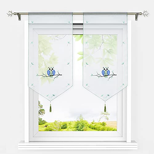 HeichkelL Voile Scheibengardinen Eule Muster Transparente Bestickte Bistrogardine mit Quaste Fenster Gardinen Tunnelzug Panneaux Kurzstores Grün BxH 40x60 cm 2 Stück von HeichkelL