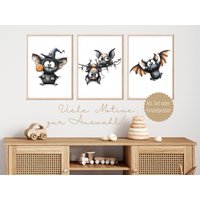 Lustige Poster Halloween Kinder Bilder Kinderzimmer Herbstdeko Bilderset Deko Set Herbst Fledermaus von HeideCraftedDesigns