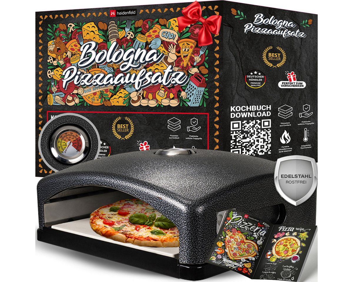 Heidenfeld Pizzaofen-Grillaufsatz Pizzaaufsatz für Gasgrill Bologna Pizzabox, Edelstahl, (geeignet für Gasgrill Gas Holzkohlegrill, Hitzedämmung, 1-St., 2 x seitliche Griffe, leichte & schnelle Reinigung per Hand), Pizzaofenaufsatz - Thermometer bis 540°C & Pizzastein Cordierit von Heidenfeld