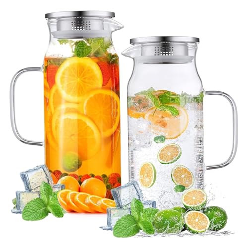 2pcs Glaswasserkrug, 1600 ml Glaskrug mit Deckel und Ausguss, große Kapazität transparent von Heidouse
