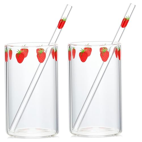 Erdbeerglasbecher mit Stroh 2 Set High Borosilicat Glass Strawberry Tups für Frauen und Mädchen mit mehreren Zwecken Getränke für Milch, Saft von Heidouse