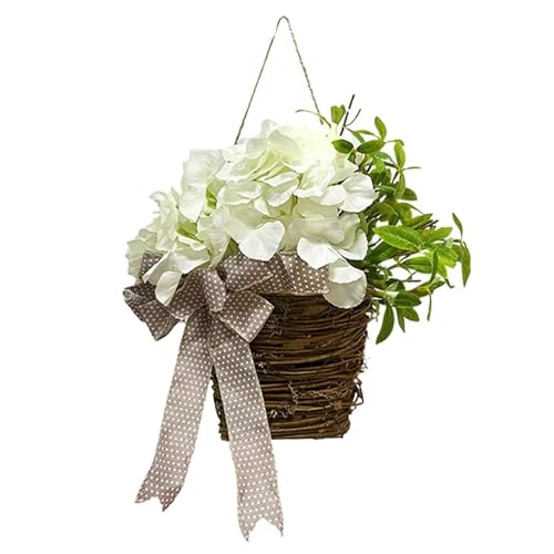 Korbkranz 14x8x3 Zoll lebensechter Frühlingskranz mit Hortensienblume, Bandbogen und Blättern hängender dekorativer Korb für die Haustür von Heidouse