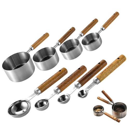 Messbecher und Löffel Set (8 Prozent), Edelstahl -Messbecher und Löffel mit Skala Holzgriff zum Kochen zum Kochen von Heidouse
