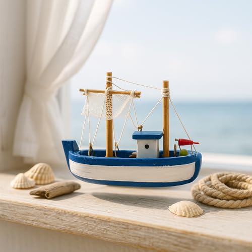 2er-Set Mini-Fischerboot Holz – Handbemalte Deko-Kutter auf Ständer Blau (7 × 10 × 3,5 cm) oder Rot (9 × 10 × 3,5 cm), Maritime Modellboote fürs Wohnzimmer, Bad & Büro, Geschenkidee (Blau ohne Fuß) von Heiko Blume