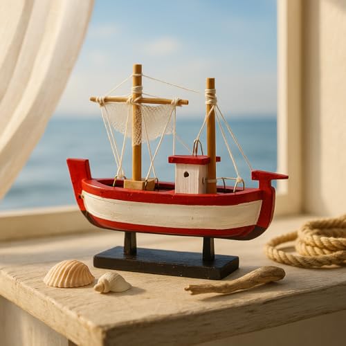 2er-Set Mini-Fischerboot Holz – Handbemalte Deko-Kutter auf Ständer Blau (7 × 10 × 3,5 cm) oder Rot (9 × 10 × 3,5 cm), Maritime Modellboote fürs Wohnzimmer, Bad & Büro, Geschenkidee (Rot mit Fuß) von Heiko Blume