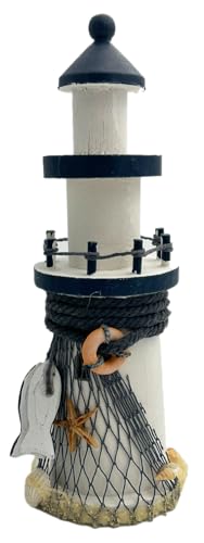 Heiko Blume Deko Leuchtturm Holz 23 cm – Handbemalte Maritime Figur Blau-Weiß mit Muscheln, Seestern & Holzfisch, Strandhaus-Deko für Wohnzimmer, Bad, Balkon, Küsten-Geschenkidee von Heiko Blume