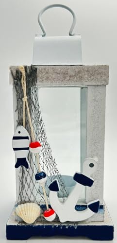 Maritime Laterne Holz & Glas 22 × 9 × 9 cm – Handbemalter Teelichthalter Weiß-Blau mit Netz, Holzfisch, Anker & Muschel, Küsten-Deko für Wohnzimmer, Bad & Balkon von Heiko Blume