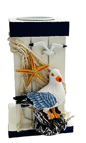 Maritimer Teelichthalter 13 cm – Handbemalter Kerzenhalter Blau-Weiß aus Kunstharz & Glas mit Möwe, Seestern & Tau, Strandhaus-Windlicht, Küsten-Deko für Wohnzimmer, Bad, Balkon, Geschenkidee von Heiko Blume