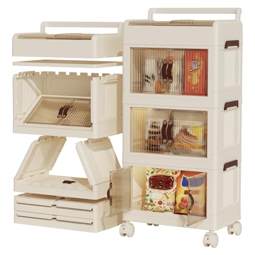 Heikoeco® Faltbare Schubladenboxen mit Deckel& Rollen, Rollcontainer mit Schubladen weiß, Schubladenschrank Kunststoff (Polypropylen) für Wohnung, Büro (3 Ebenen mit Flügeltüren) von Heikoeco