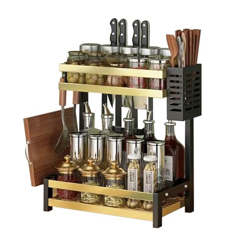 Heikoeco® Gewürzregal Stehend, Küchen Organizer mit 2-3 Ebene mit Messerhalter & Haken, Gewürzständer aus Metall, Küchenregal Arbeitsplatte für Küche, Esszimmer von Heikoeco