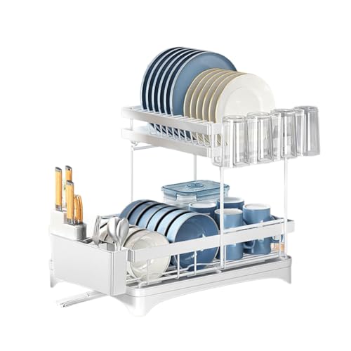 Heikoeco® Abtropfgestell Geschirr, Geschirrabtropfgestell, 2-stöckiges Abtropfgestell mit Abtropfgitter, 360-Grad-Abflussrohr, Geschirr Abtropfständer (Weiß) von Heikoeco