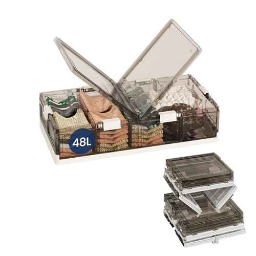 Heikoeco® Unterbett Aufbewahrungsbox mit Rollen Kunststoff, faltbare Aufbewahrungsbox mit deckel & 2 transparente Türen, stapelbare Unterbettkommode mit Rollen, Clipverschluss (48L-64x42x18cm) von Heikoeco
