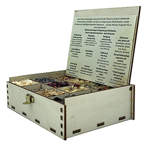 Geschenkbox Räucherbox mit 12 Sorten Räuchermischungen für Loslassen und Meditation, 14 x 10 x 4 cm von Heilkräuter Manufaktur