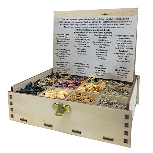Heilkräuter Manufaktur Räucherbox-Set Sinnlichkeit und Liebe, 12 Sorten Räuchermischungen, Holz, 14 x 10 x 4 cm von Heilkräuter Manufaktur
