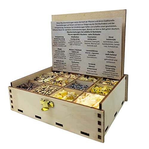 Räucherbox Geschenkbox mit 12 Sorten Räuchermischungen Gut schlafen & Klarträume, 14 x 10 x 4 cm von Heilkräuter Manufaktur