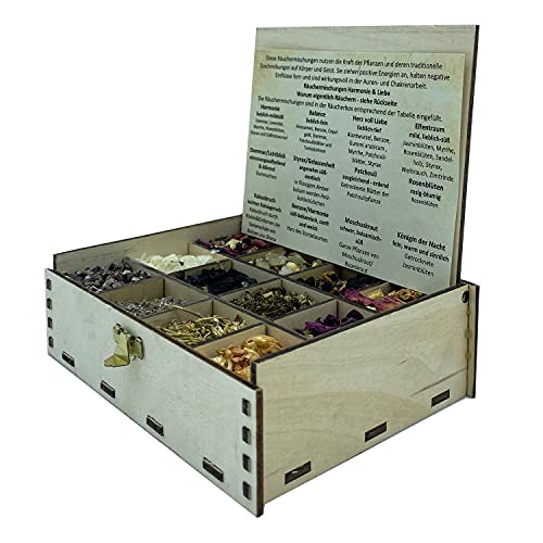 Räucherbox Geschenkbox mit 12 Sorten Räuchermischungen Harmonie und Liebe, 14 x 10 x 4 cm von Heilkräuter Manufaktur