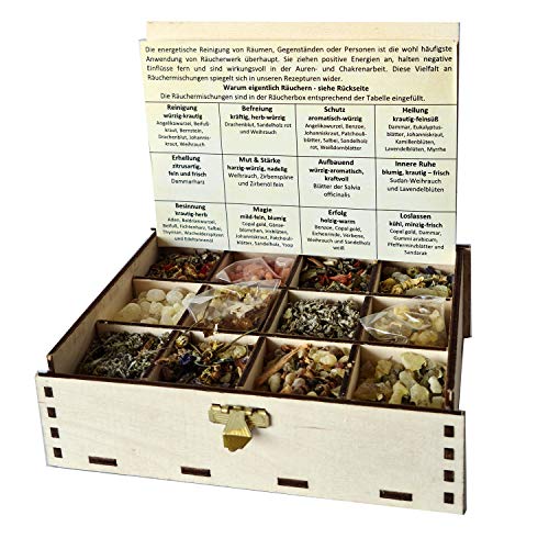 Räucherbox Geschenkbox mit 12 Sorten Räuchermischungen Reinigung und Orientierung, Hausreinigung 14 x 10 x 4 cm von Heilkräuter Manufaktur