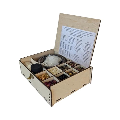 Räuchern Starter Set 12-TLG Zubehör für Anfänger, auch für Weihrauch geeignet + 7 cm Räucherschale + Räucherkohle + Räuchersand + Anleitung + 8 Verschiedene Räucherungen für Harmonie und Liebe von Heilkräuter Manufaktur