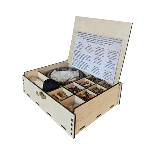 Räuchern Starter Set 12-TLG Zubehör für Anfänger, auch für Weihrauch geeignet + 7 cm Räucherschale + Räucherkohle + Räuchersand + Anleitung + 8 Verschiedene Räucherungen: Weisheit der Welt von Heilkräuter Manufaktur