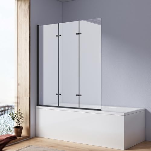 Heilmetz Badewannen Duschwand 120x140 cm Duschwand für Badewanne Duschabtrennung Badewannenaufsatz Faltwand 180° Duschtrennwand 6mm Nano ESG Sicherheitsglas (3-teilig Faltbar | Schwarz) von Heilmetz